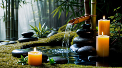 Forest stream surrounded by round stones and lit candles against  background of bamboo forest.