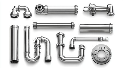 Obraz premium A collection of stainless steel pipes, fittings, and connectors isolated on a white background.