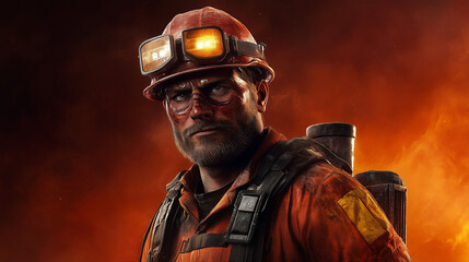 Miner in protective gear with focused expression on dark orange background.