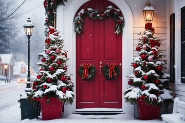 Fototapeta premium Home decorating, red doors new year , for the holidays with Christmas decor and lights