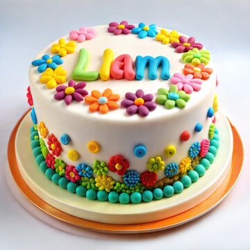 Delightful floral birthday cake with the word "Liam" decorated with vibrant colors for a special celebration