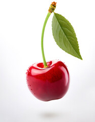 Cherry with leaves floating or flying isolated white background