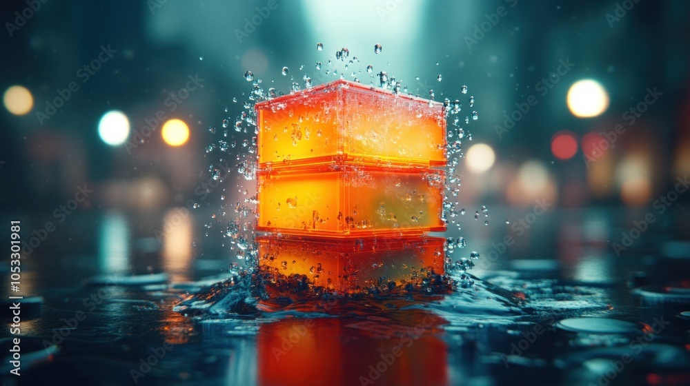 Poster Vibrant water splashing around transparent blocks in urban setting enhancing visual impact and depth