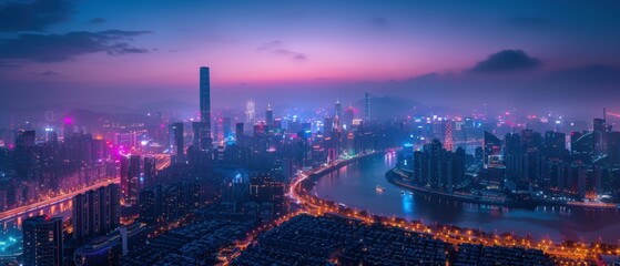 Fototapeta premium A city skyline at night with a river winding through it. AI.