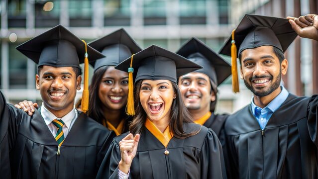 Indian graduates in caps and gowns celebrating their MBA graduation.
