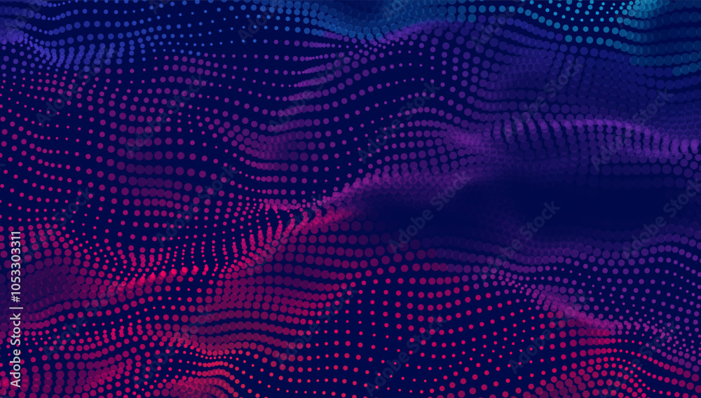 Poster colorful abstract wave pattern with flowing dots and dynamic gradient, technology and data visualiza