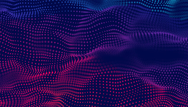 Colorful abstract wave pattern with flowing dots and dynamic gradient, technology and data visualization.