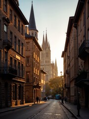 Fototapeta premium Charming European Street at Sunset with Historical Architecture and Church Towers