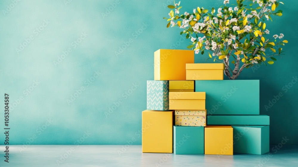 Poster vibrant stacked boxes and blossoming tree in a modern decor setting
