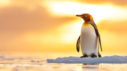 Obraz premium A lone penguin on an ice floe at sunset, captured in soft focus