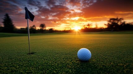 Obraz premium Golf ball on green with flag and sunset.