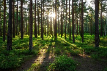 Fototapeta premium Serene Evergreen Pine Forest: A Tranquil Landscape Celebrating Abundant Harvest Season