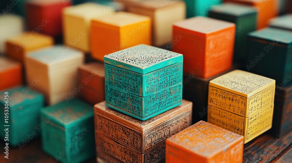 Poster Intricately designed decorative boxes showcasing vibrant colors and patterns in a captivating arrangement