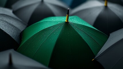 A single green umbrella stands out among a group of black umbrellas, all wet from rain.