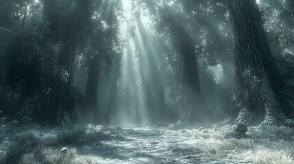 A serene forest scene illuminated by soft beams of light filtering through towering trees, creating a mystical atmosphere with a hint of fog and gentle shadows.