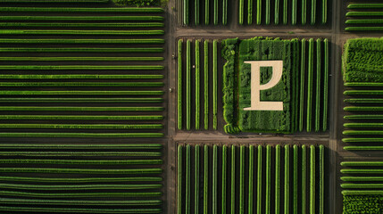 Aerial view of vibrant crop field with neatly arranged green rows and large letter P formed by lighter soil, showcasing agricultural patterns and design