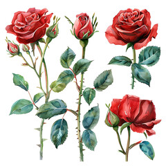 Set of Watercolor red rose blooming elements. Hand drawn romantic red rose, green leaves branch, and stem isolated on white background. Suitable for decorative invitations, posters, or cards