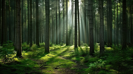Obraz premium serene green forest with sun rays shining through trees creates tranquil atmosphere. lush greenery and soft light evoke sense of peace and connection with nature