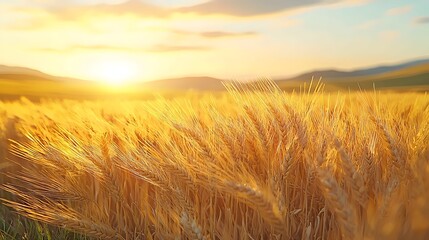 Obraz premium Golden wheat field illuminated by the warm glow of a sunset, capturing the essence of nature's beauty and tranquility in rural landscapes.