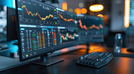 High tech workstation featuring multiple monitors displaying financial data and stock market trends, creating atmosphere of productivity and focus