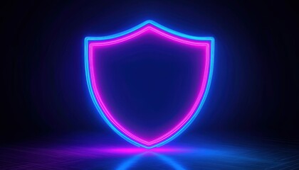 A glowing neon shield symbol in pink and blue against a dark background, representing protection or security.