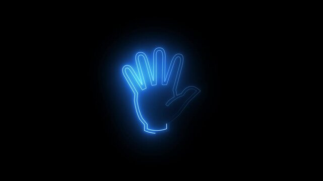 Glowing neon five finger hand gesture icon animation.blue