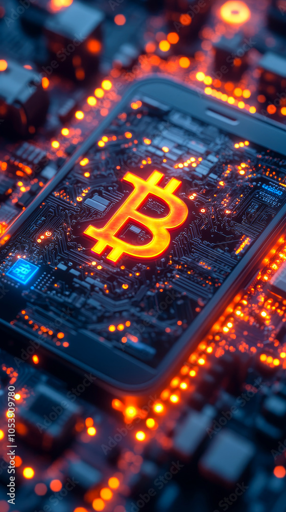 Poster secure cryptocurrency transaction with biometric verification and blockchain nodes on smartphone