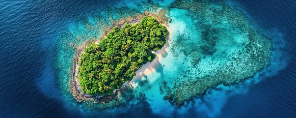 Aerial view of a lush green island surrounded by vibrant turquoise waters and coral reefs, showcasing tropical beauty and serene isolation.