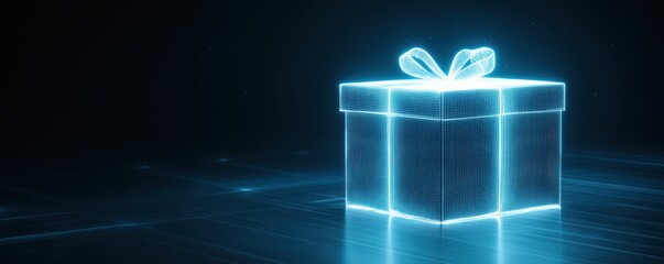 A glowing, digital gift box with a ribbon, surrounded by a futuristic blue ambiance, conveying themes of surprise and celebration.
