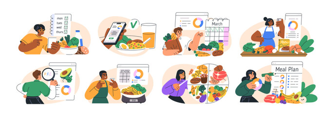 Healthy diet, meal planning, food choice control concept. Tracking calories, calculating protein, fat, carbs. Nutrition and PFC calculation, set. Flat vector illustration isolated on white background