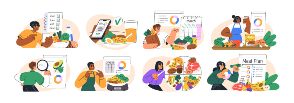 Healthy diet, meal planning, food choice control concept. Tracking calories, calculating protein, fat, carbs. Nutrition and PFC calculation, set. Flat vector illustration isolated on white background