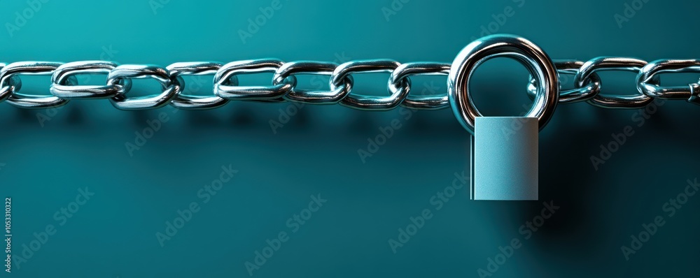 Poster Secured connection exploring the symbolism of a padlock on a chain against a turquoise background