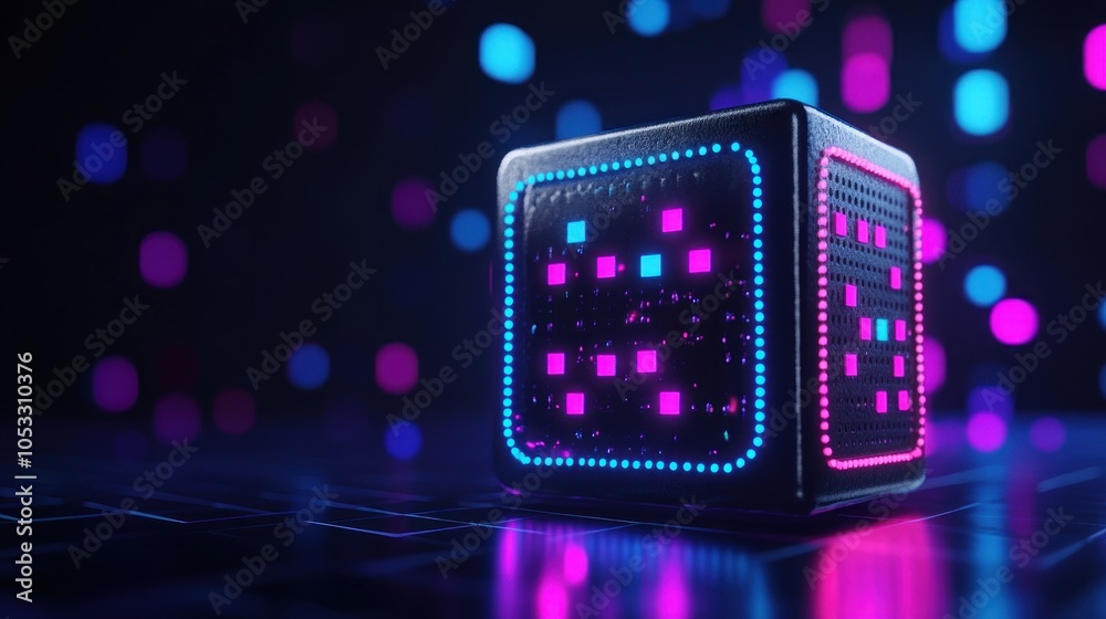Poster A vibrant neon cube illuminating the digital landscape with pulsating lights in a futuristic setting