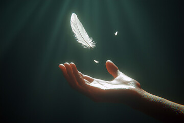 Delicate Illuminated Feather Descending into an Open Hand Against a Dark Backdrop