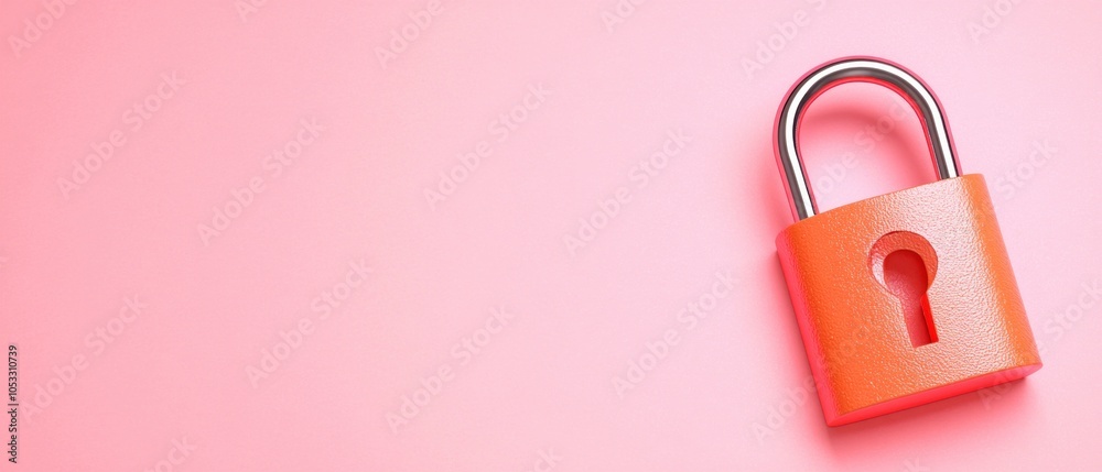 Poster vibrant orange padlock on a soft pink background symbolizing security and protection in modern desig