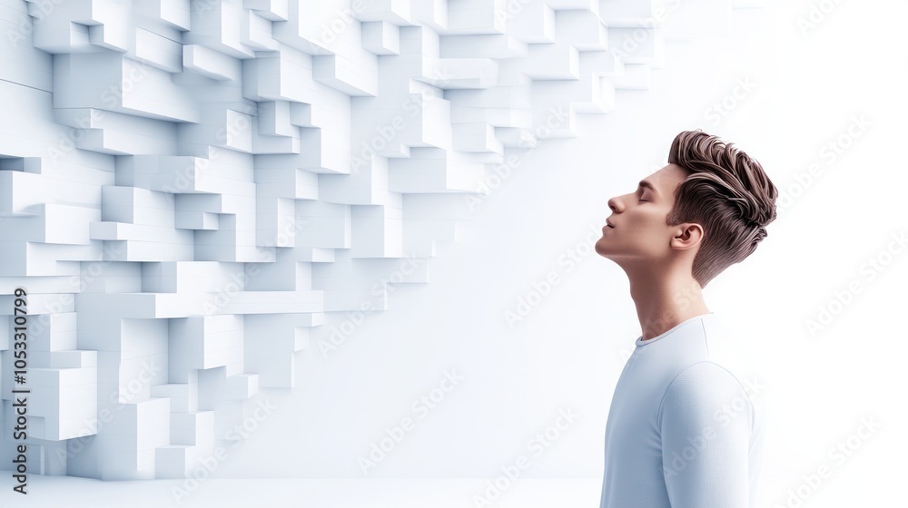 Poster a serene moment of reflection amidst abstract white structures enhances emotional connection and per
