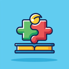 Colorful puzzle pieces on top of a book, representing knowledge and learning.