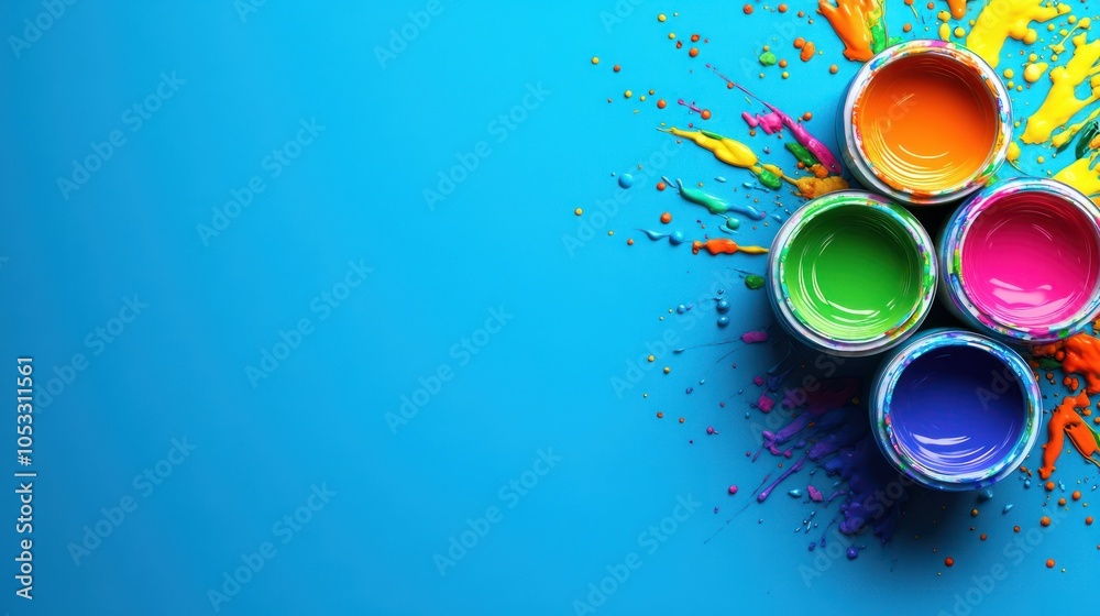 Aufkleber vibrant explosion of color a creative display of paint in jars against a bright blue background