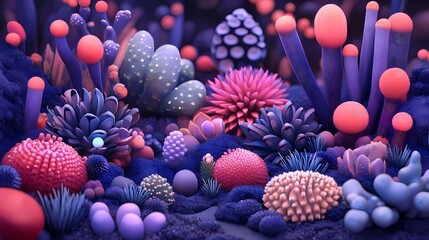 Vibrant fantasy coral garden with whimsical sea plants in colorful underwater scene