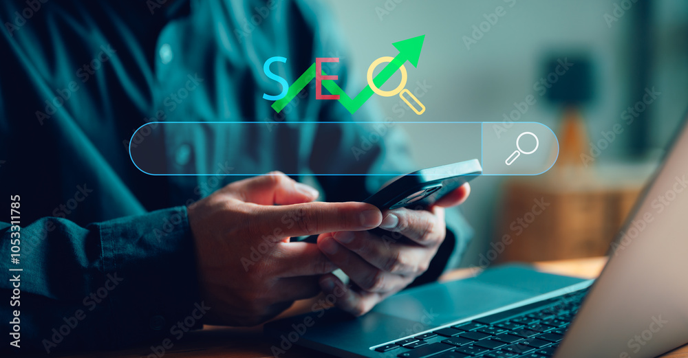 Leinwandbilder SEO, Data Search Technology, Search Engine Optimization. Man's hands are using a smartphone to searching for information. Using Search Console with your website. Finding data.