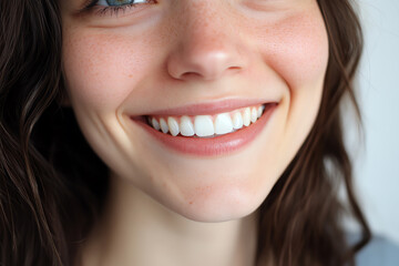 Obraz premium A smiling woman with long hair, bright eyes, and a joyful expression fills the frame against a neutral background.