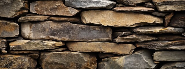 Fototapeta premium Textured stacked stone wall, showcasing rugged natural rock formations, uneven edges, earthy tones, architectural detail, inviting ambiance