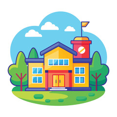A colorful cartoon illustration of a school building with a flag on top.