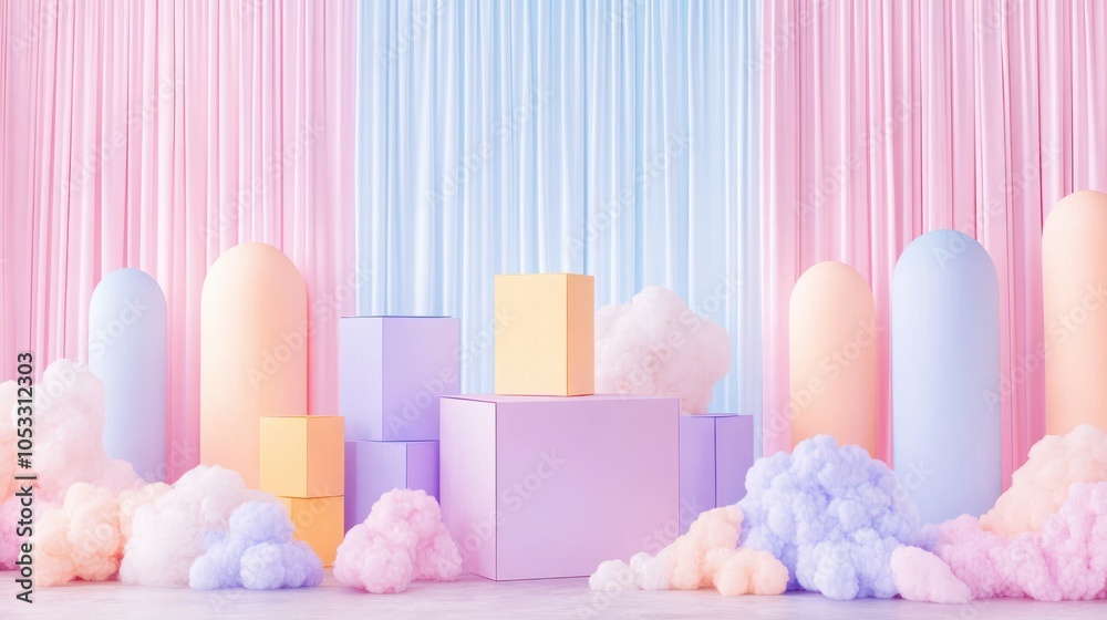 Poster Colorful abstract composition with geometric shapes and soft clouds for creative projects and backgrounds