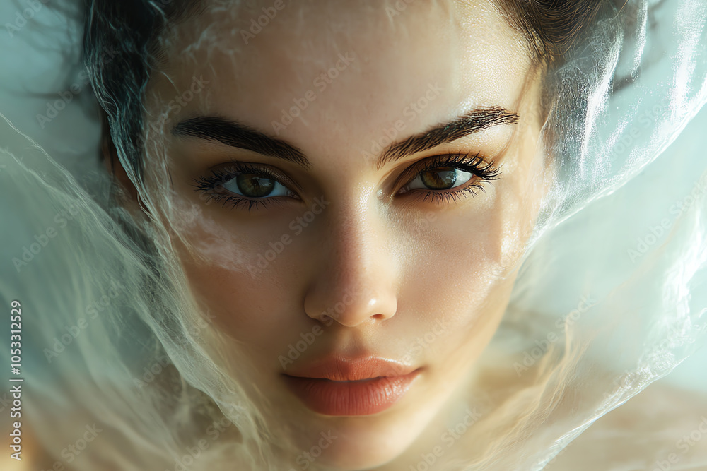 Poster close-up of a serene woman submerged in water, ethereal appearance with soft lighting and gentle bub