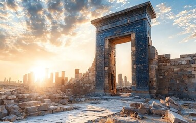 Fototapeta premium Ancient ruins under a vibrant sunset, showcasing historical architecture against a skyline.
