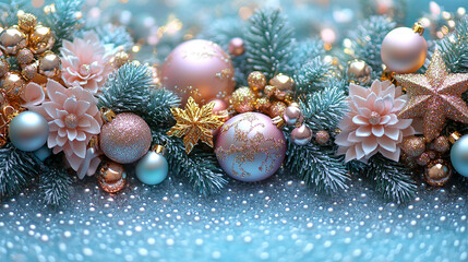 Holiday decorations. Festive Christmas decorations in vibrant colors, New Year celebrations