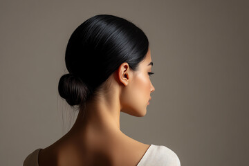 Elegant woman's back view showcasing smooth hair in a bun, soft lighting highlighting graceful lines and contours.