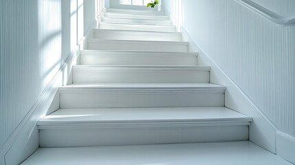 White wooden staircase leading up to a bright hallway.