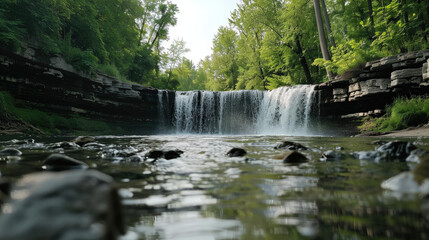 Fototapeta premium serene waterfall cascading into clear pool, surrounded by lush greenery and rocky terrain, creates tranquil atmosphere in nature. gentle flow of water invites relaxation and reflection